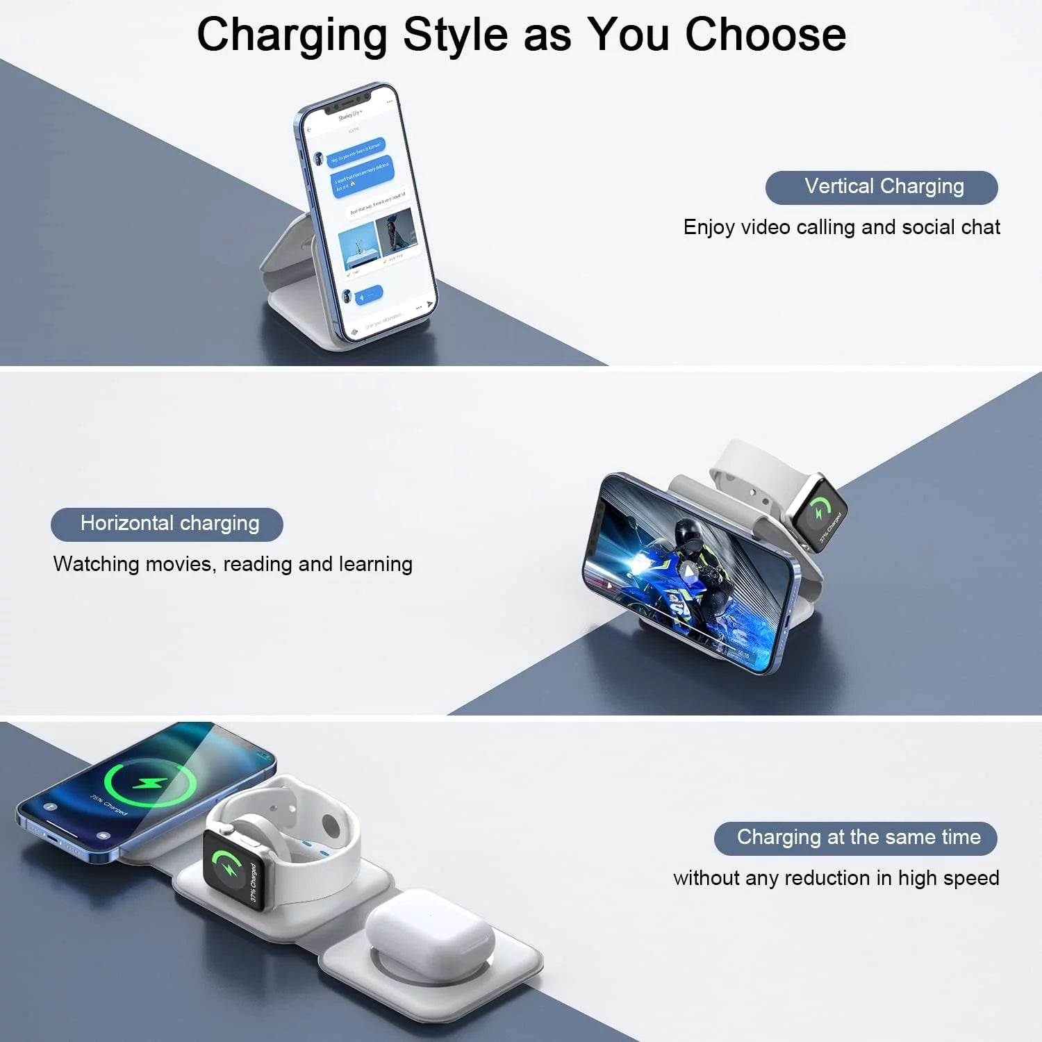 3-In-1 Wireless Charger, Magnetic Foldable Design Charging Station Compatible with Multiple Devices Including Iphone 17/16/15/14/13 Series, Airpods 4/3/Pro, and Iwatch
