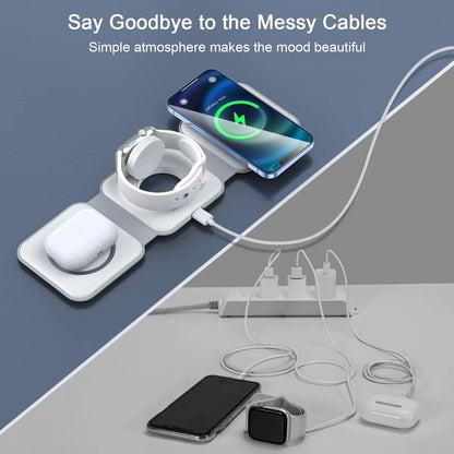 3-In-1 Wireless Charger, Magnetic Foldable Design Charging Station Compatible with Multiple Devices Including Iphone 17/16/15/14/13 Series, Airpods 4/3/Pro, and Iwatch